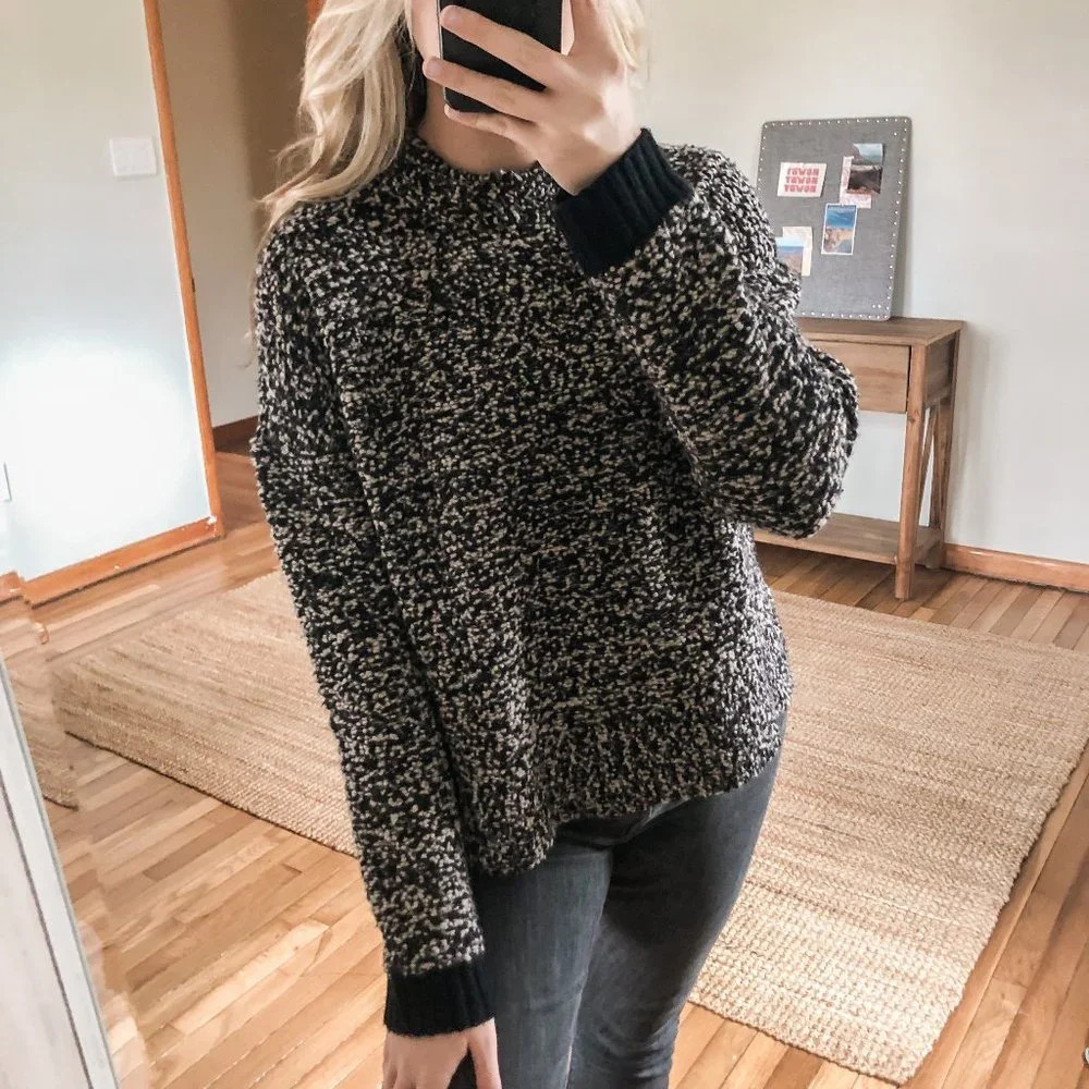 Rag & Bone Wool Confetti Knit Crew Neck Long Sleeve Black Sweater Women's M